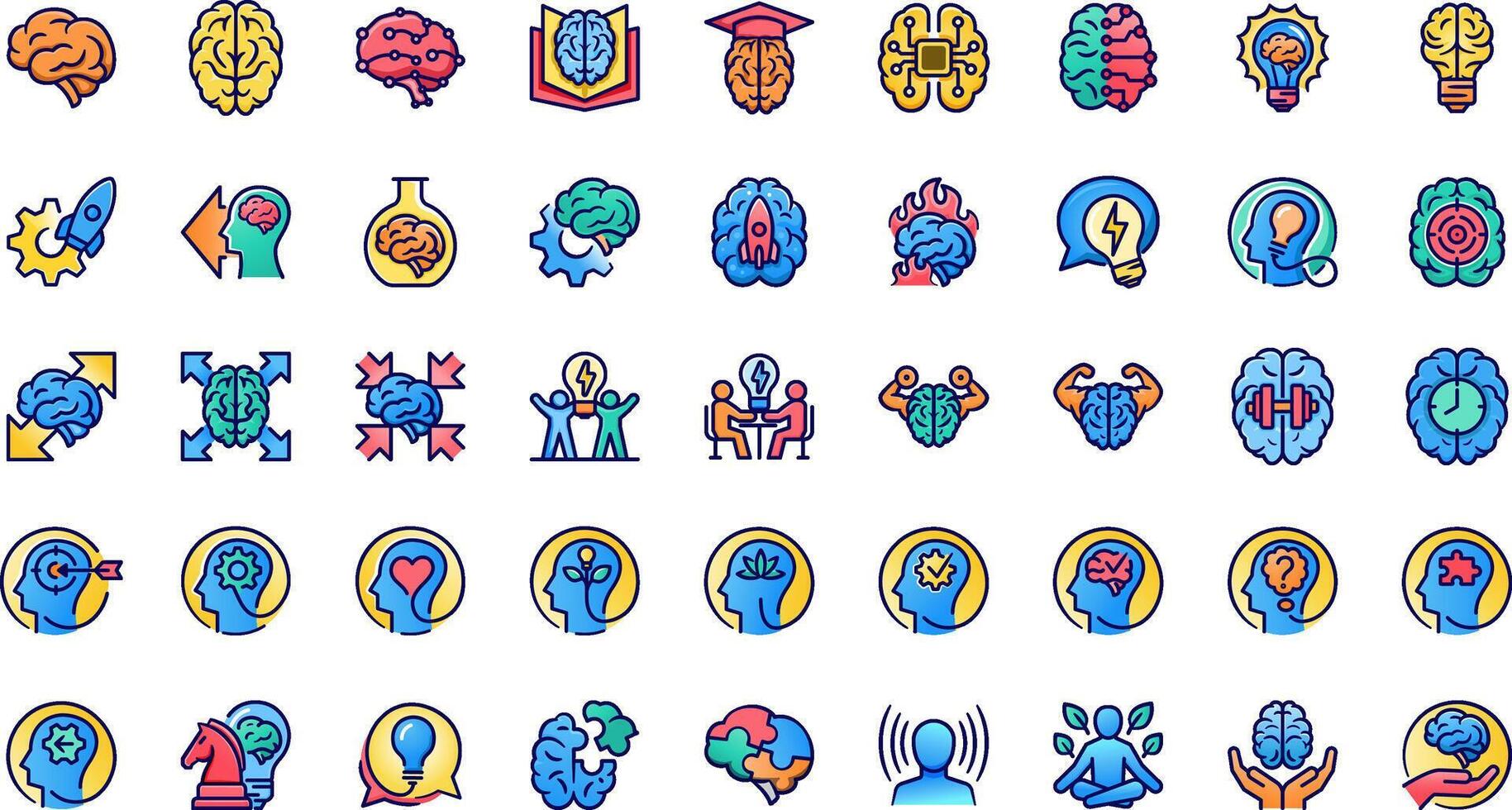 Brain Knowledge icon set featuring head, thinking, mind, intelligence, brainstorming, neuron, cognition, etc. vector