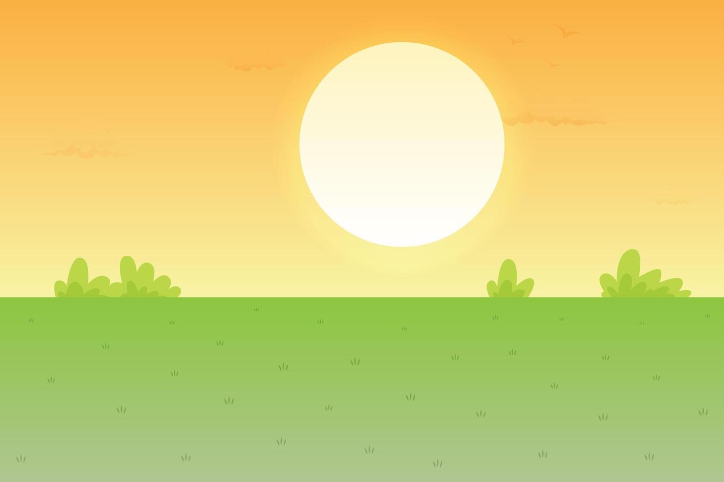 A cartoon sun setting over a field with grass and trees vector