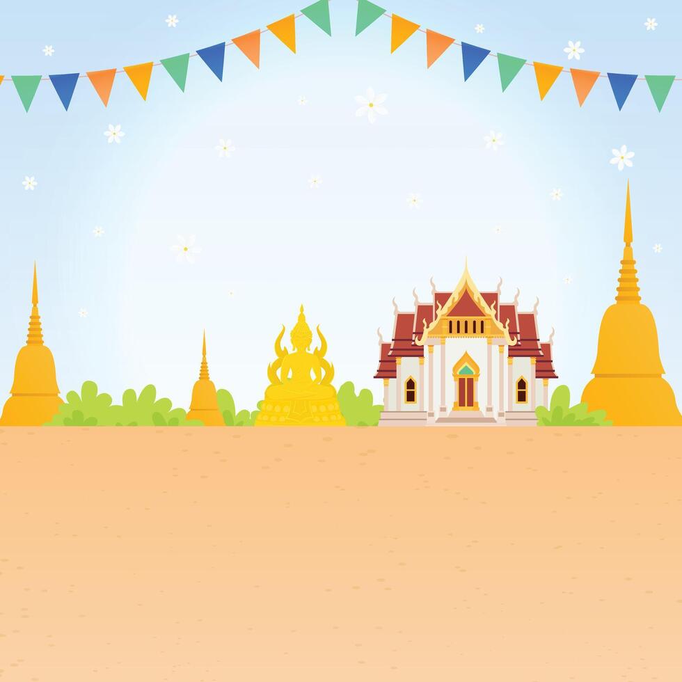 Thai temple background with pagodas and flags vector