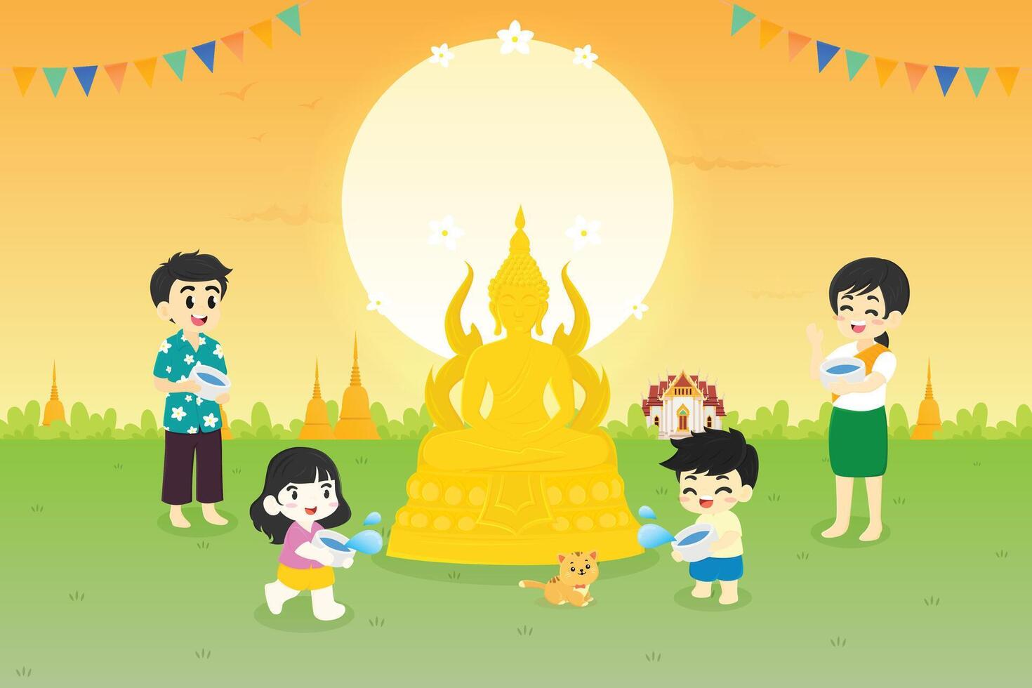 Thai family celebrating the new year with a golden statue vector