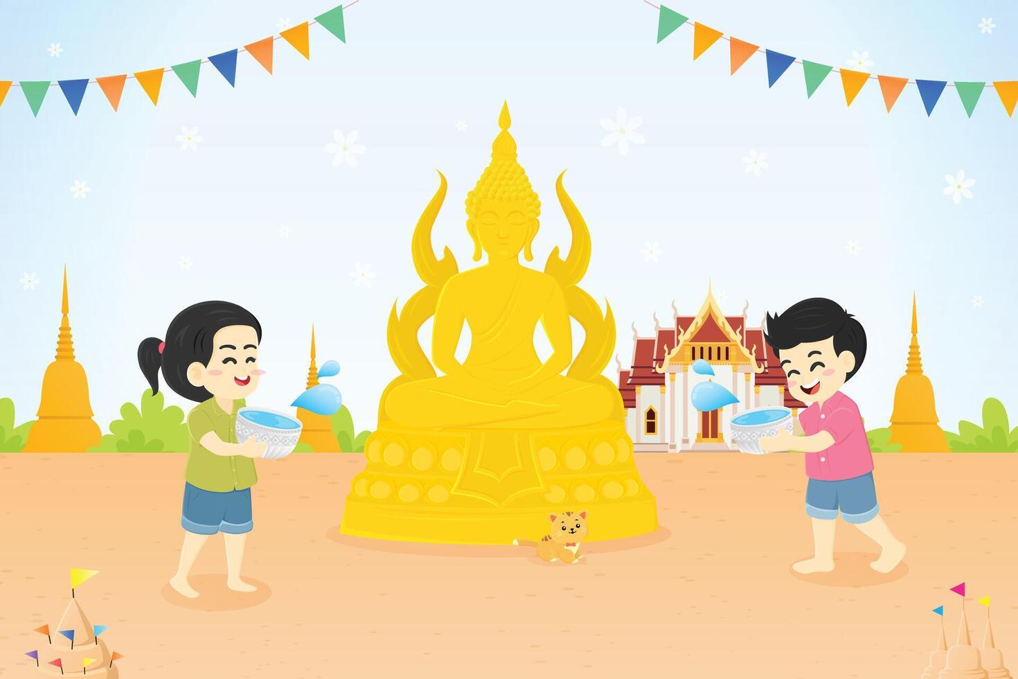 Thailand thai kids playing with water and a statue of buddha vector