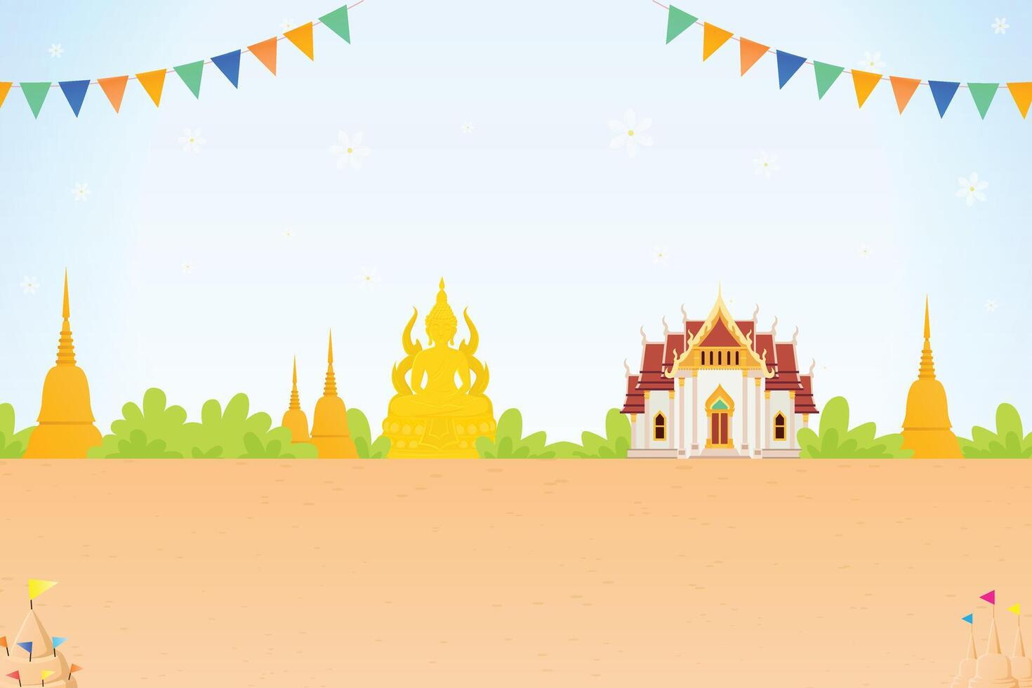 Thai temple background with pagoda and flags vector