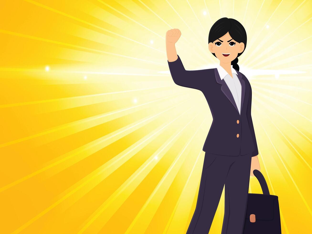 Businesswoman with fist raised in the air on yellow background vector