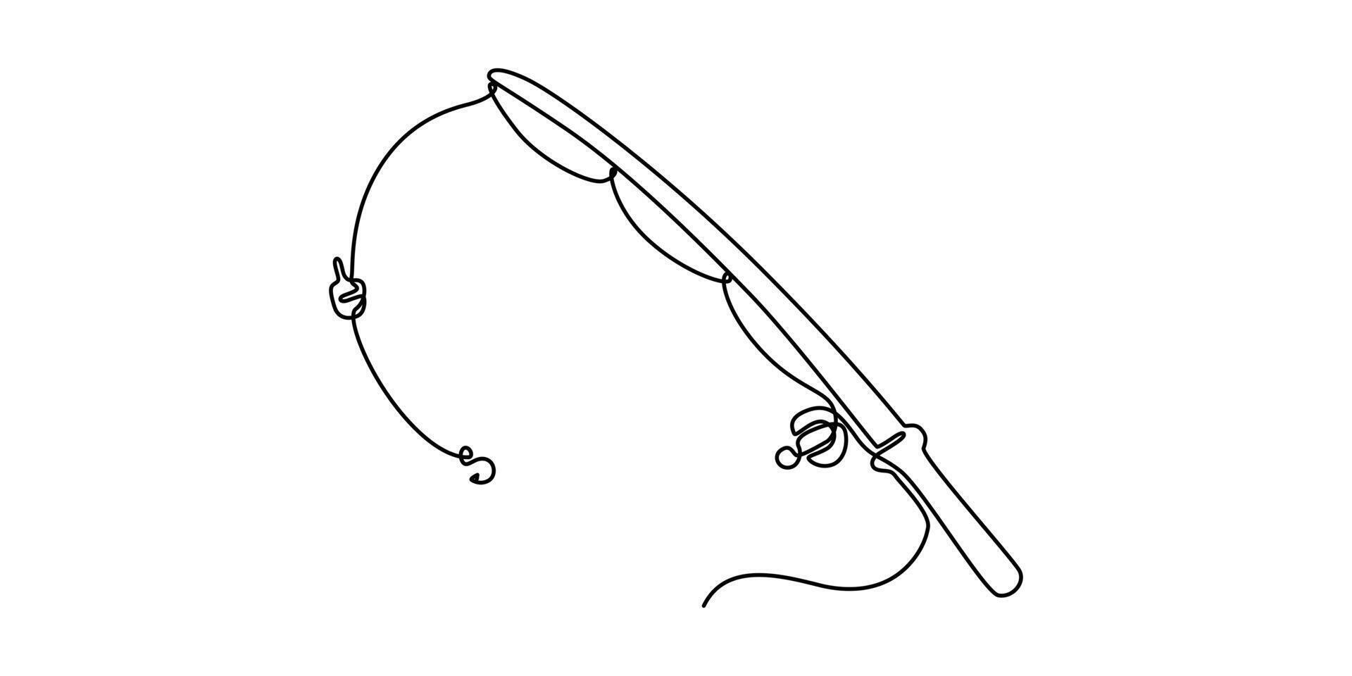 continuous One Line drawn single art line sketch fishing rod, spinning rod, reel, tackle vector