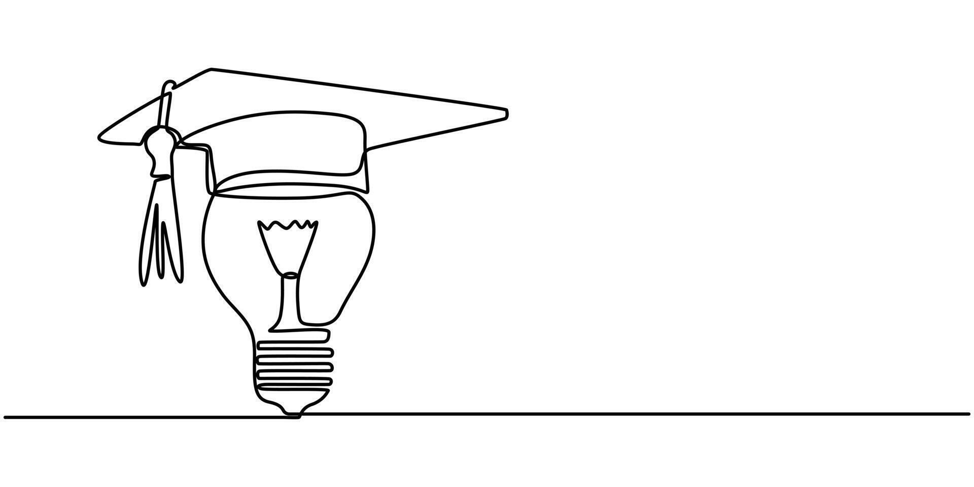 One continuous line drawing of Light Bulb with Graduation Hat Lightbulb lamp vector