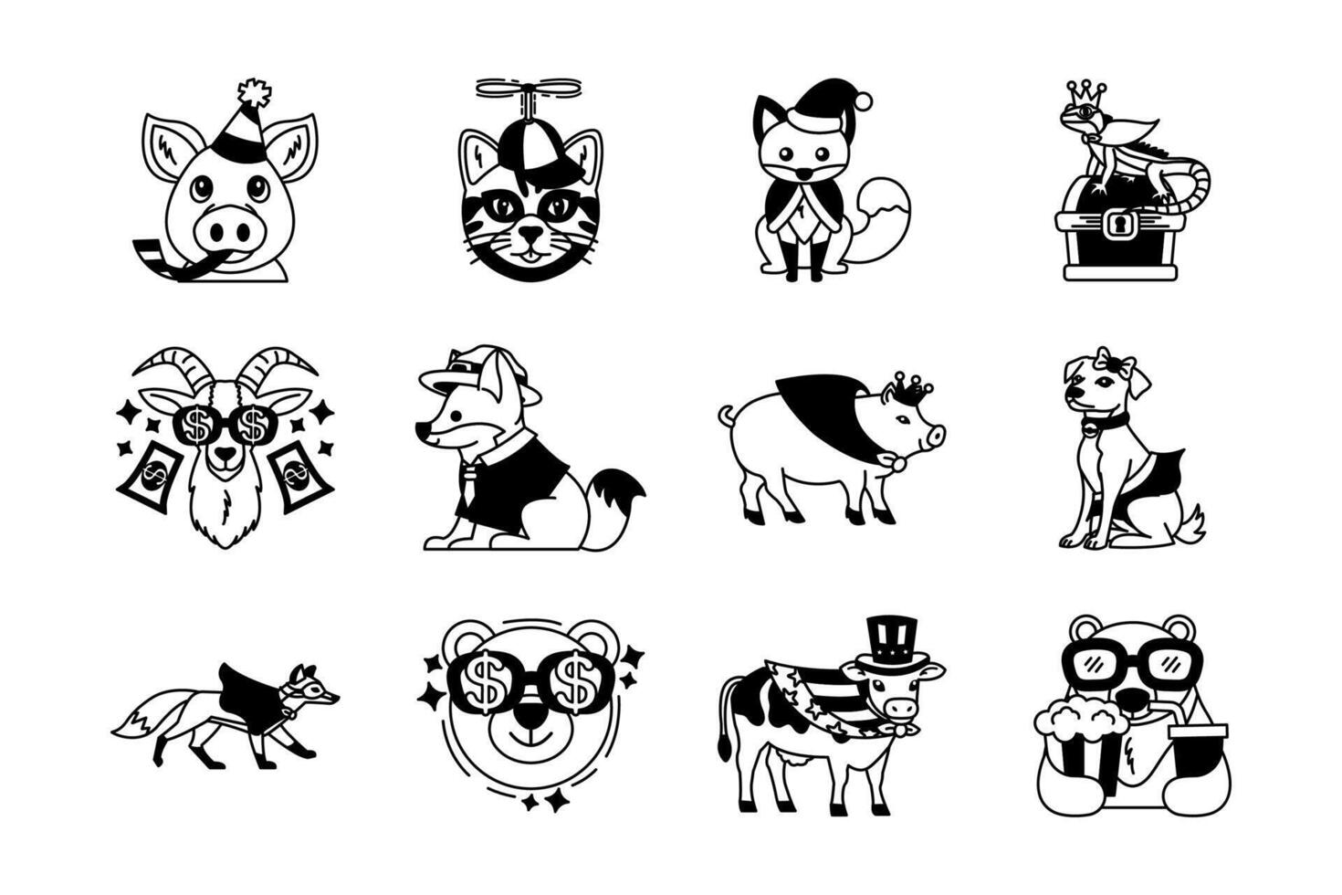 black and white fancy animals illustration icon vector