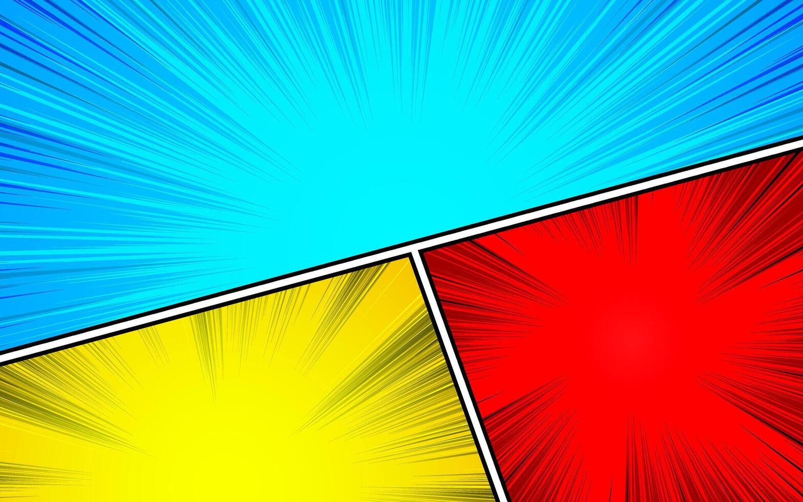Comic book page composition with halftone radial lines effect in various bright colors in pop art style. vector