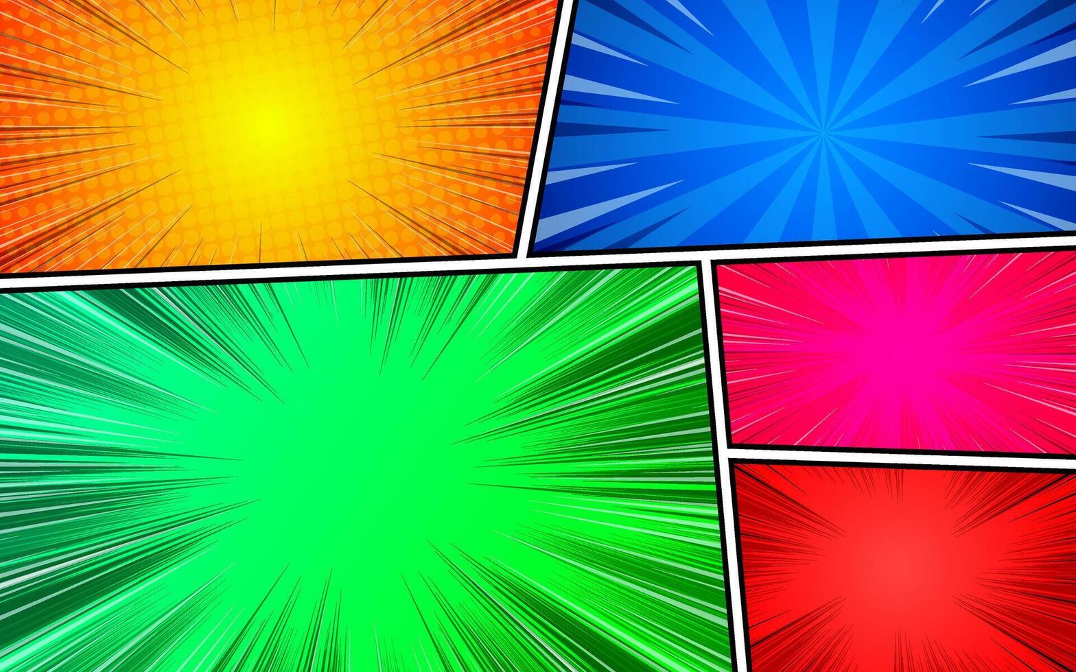 Colorful comic book page background with radial rays halftone lines humor effect. vector