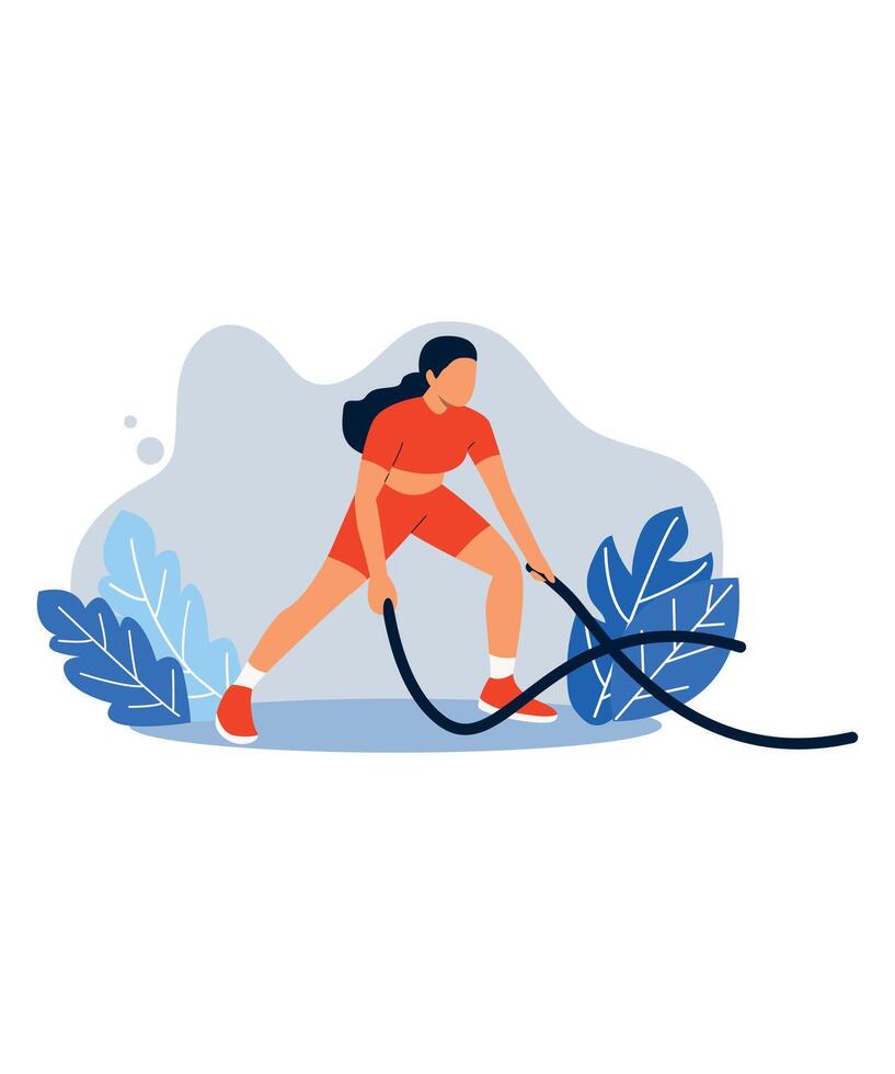 Strong Woman Training Hard with Battle Ropes vector