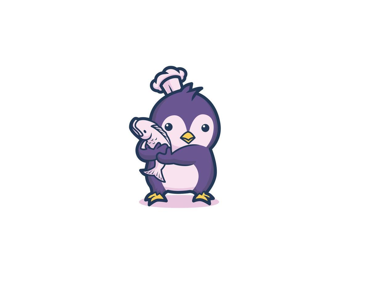 Cute penguin chef holding a fish vector