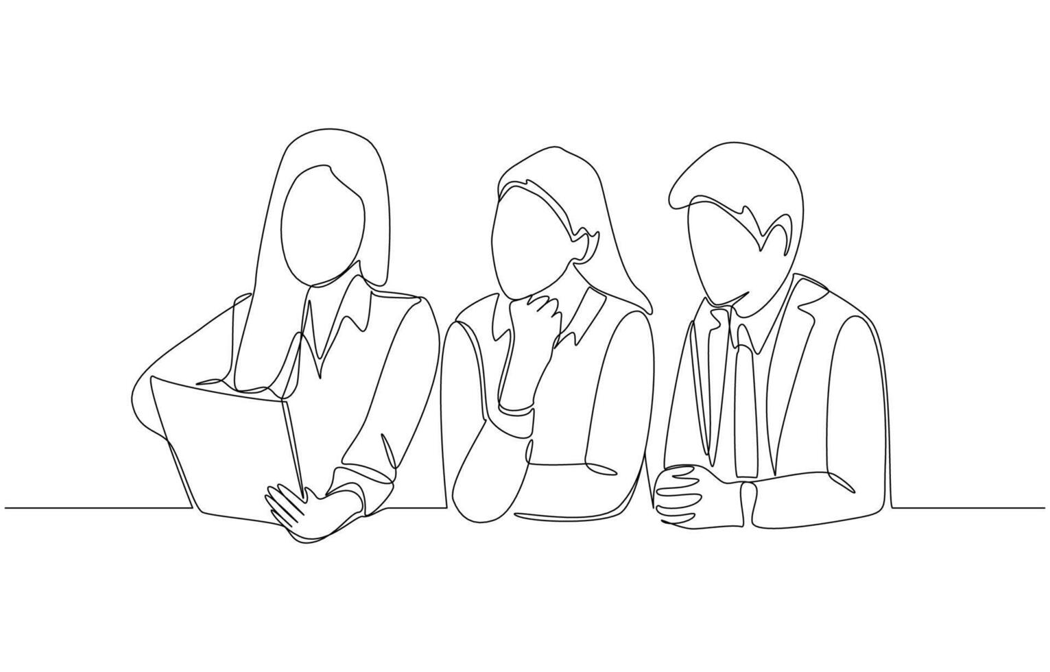 Continuous one line drawing of businesswoman asking coworkers for advice about work, business team communication concept, single line art vector
