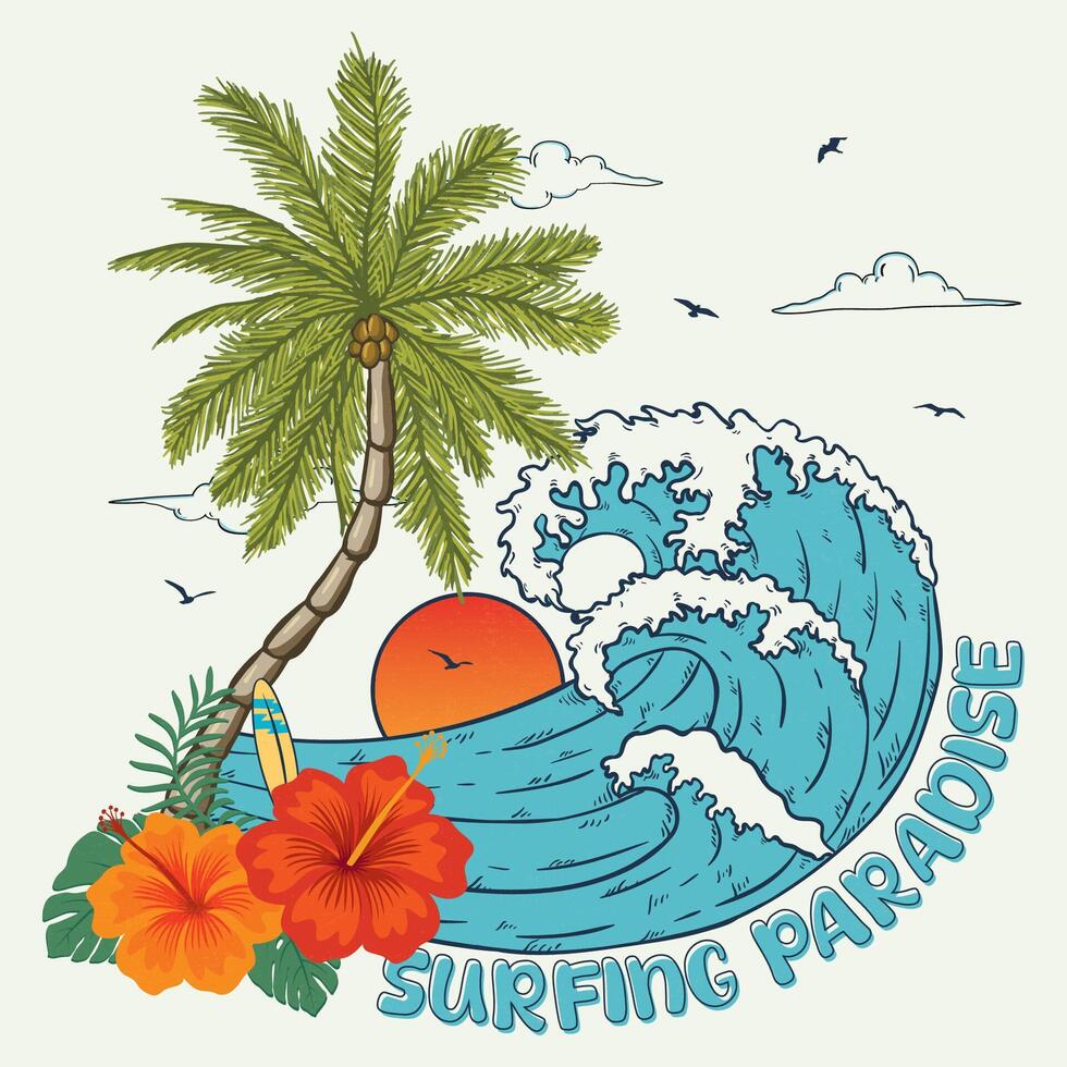 Surfing Paradise, text with a waves illustration, for t-shirt prints, posters. Summer Beach illustration. vector