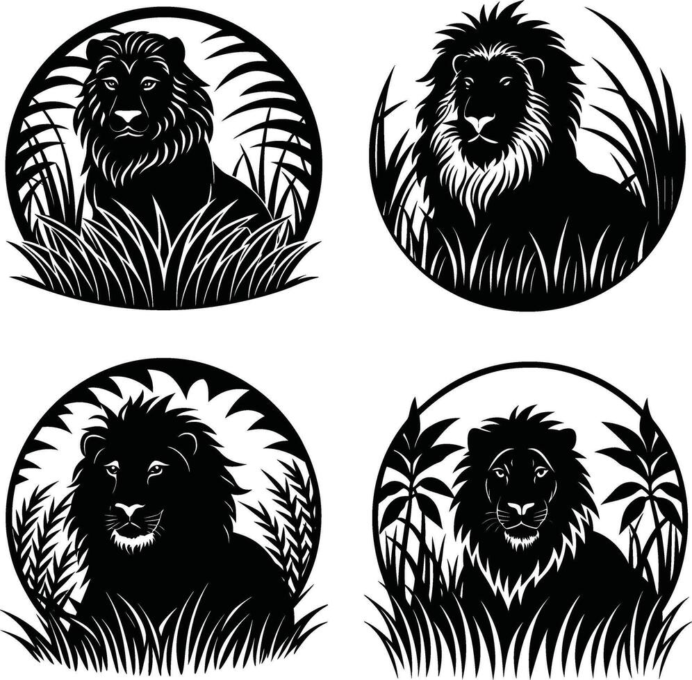 Fierce Lion Set Jungle Animal Silhouette Illustration vector