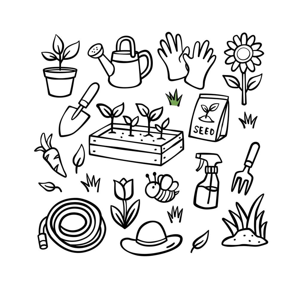 Set of Handdrawn Outline Garden Doodle Set with Tools, Plants, Flowers, and Farming Elements vector