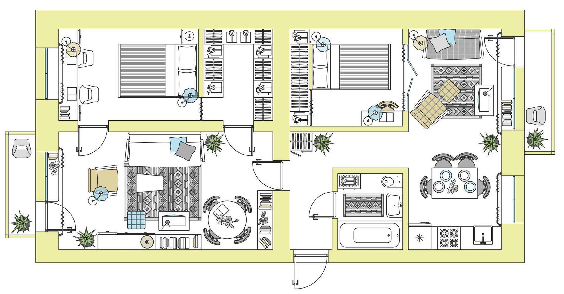 House or apartment architectural sketch. Drawing of building. Set of furniture icons for floor plan and interior design all residential rooms. vector