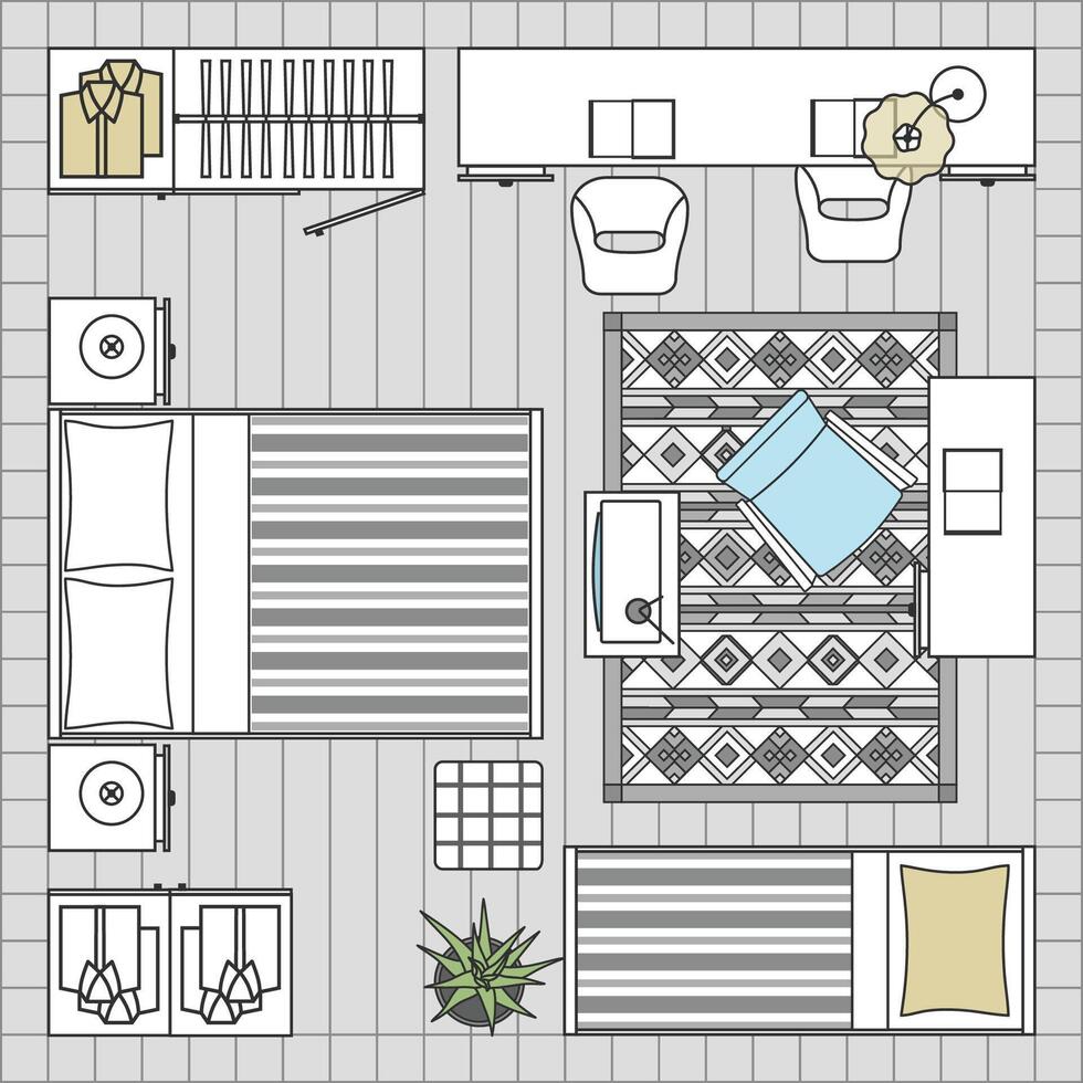 Bedroom scene with wardrobe, bed, bedside table and accessories in top view. Apartment layout. Collection of furniture icons for architectural drawings and interior design. Floor plan vector