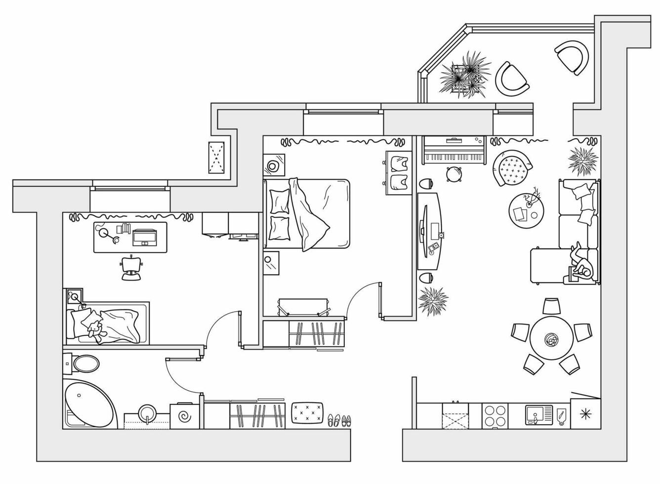 House floor plan with furniture arrangement. Interior design view from above vector