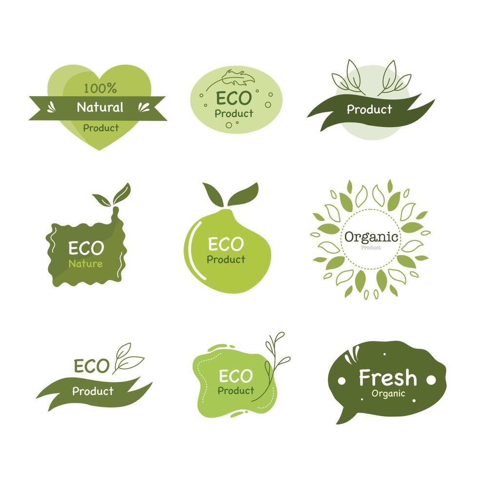 Eco labels set with green leaves and leaves vector