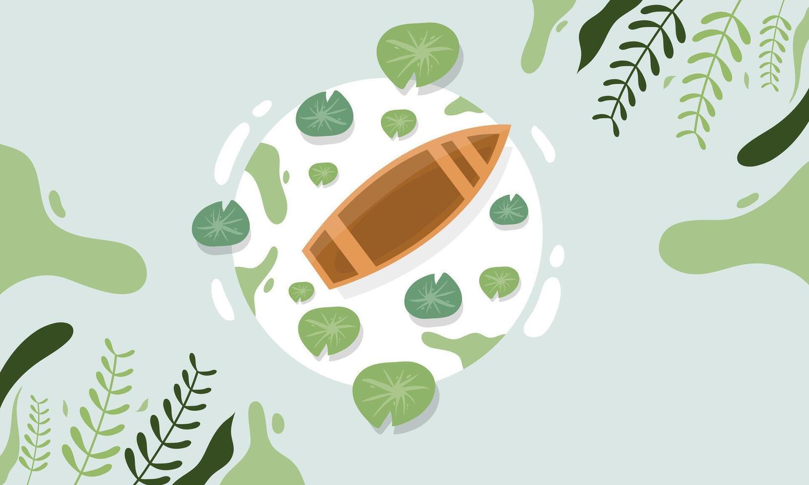 An illustration of a canoe surrounded by leaves and plants vector