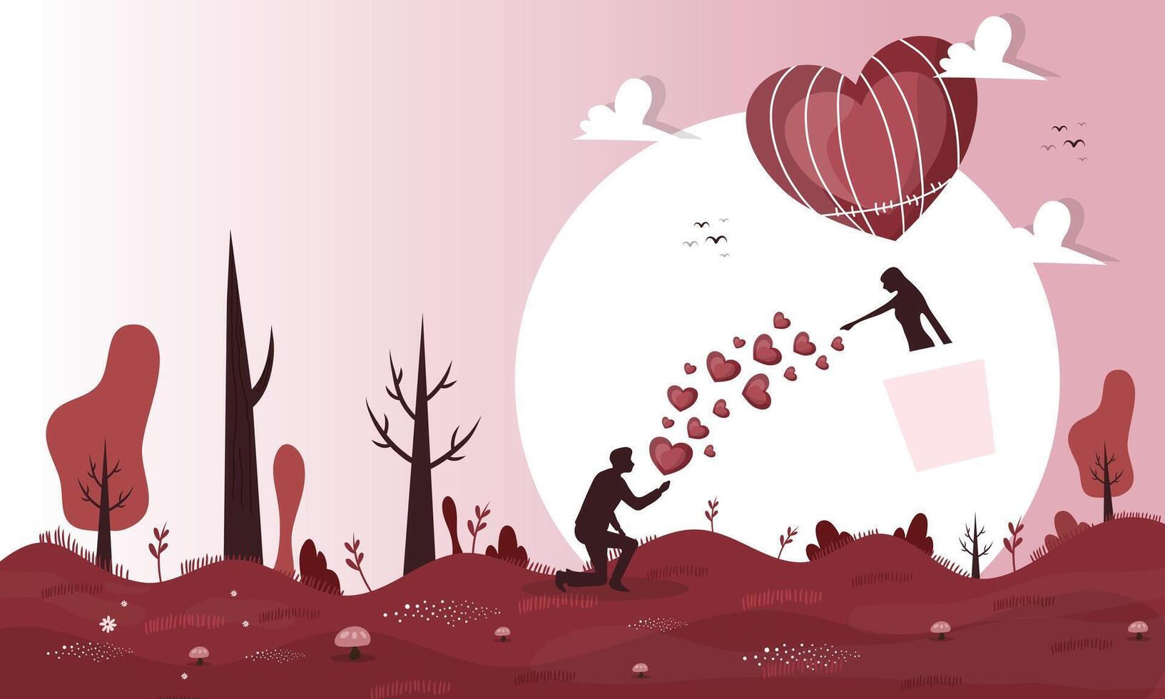 A man and woman are flying a balloon with hearts vector