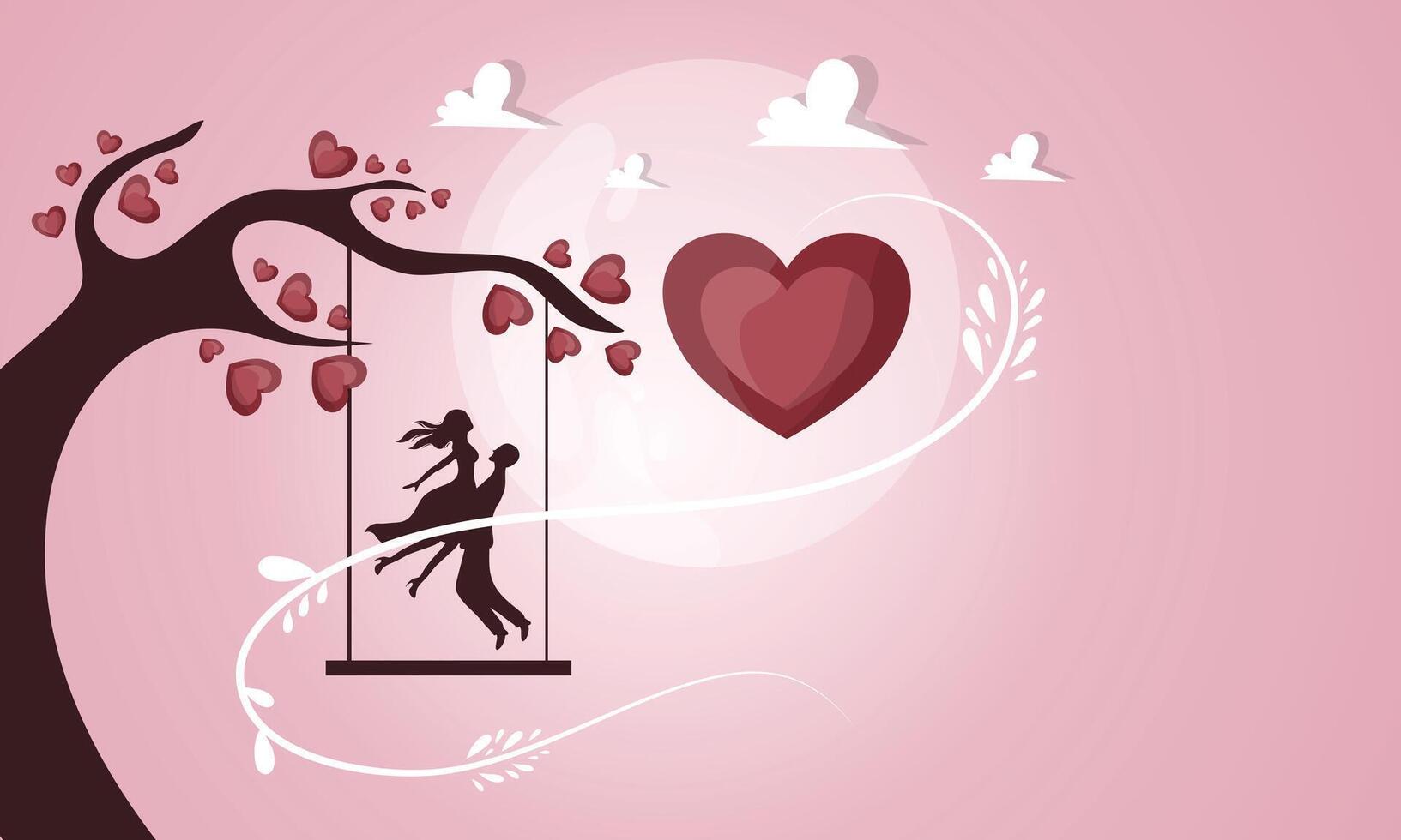 A couple on a swing with hearts and birds vector