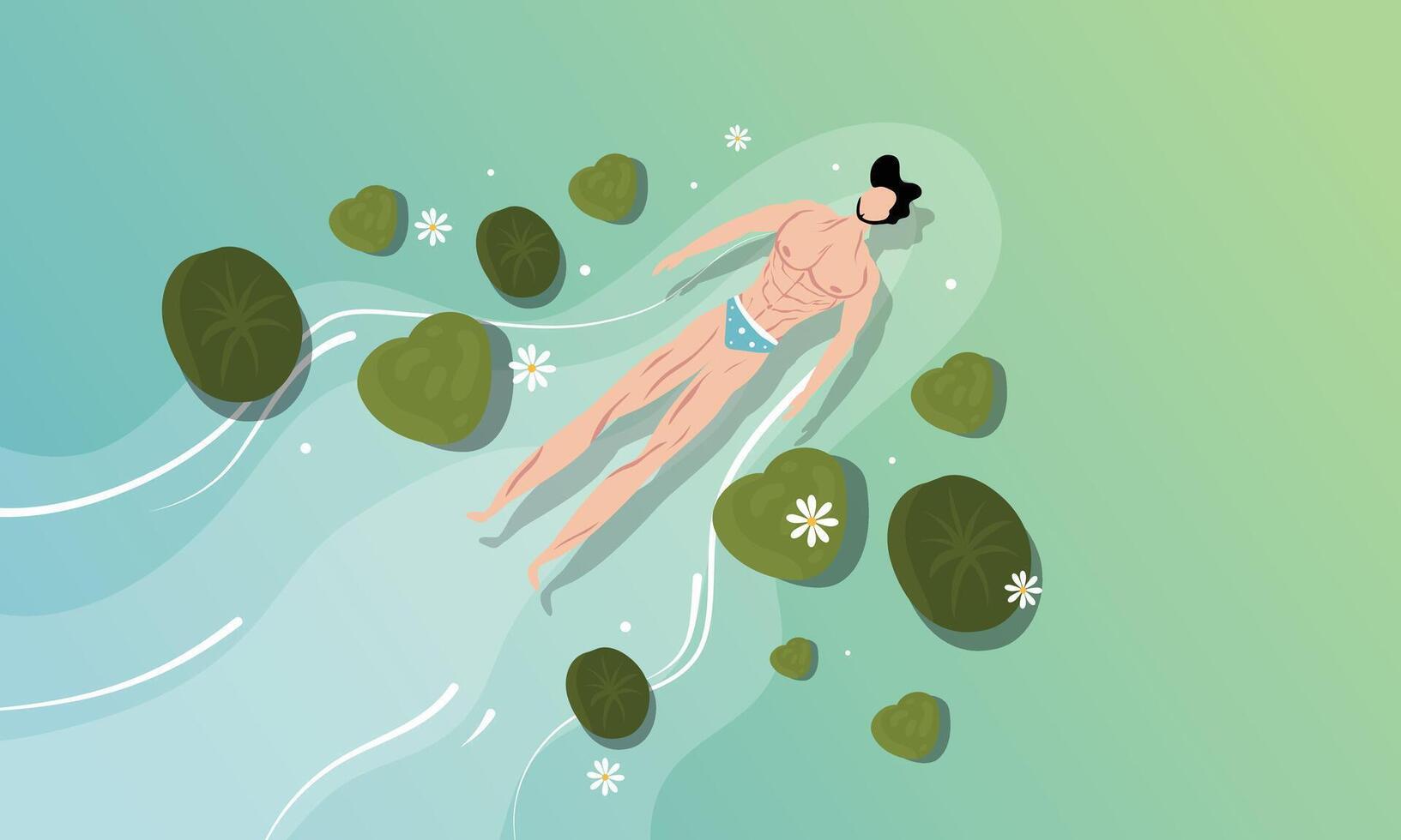 A man floating in the water with lily pads vector