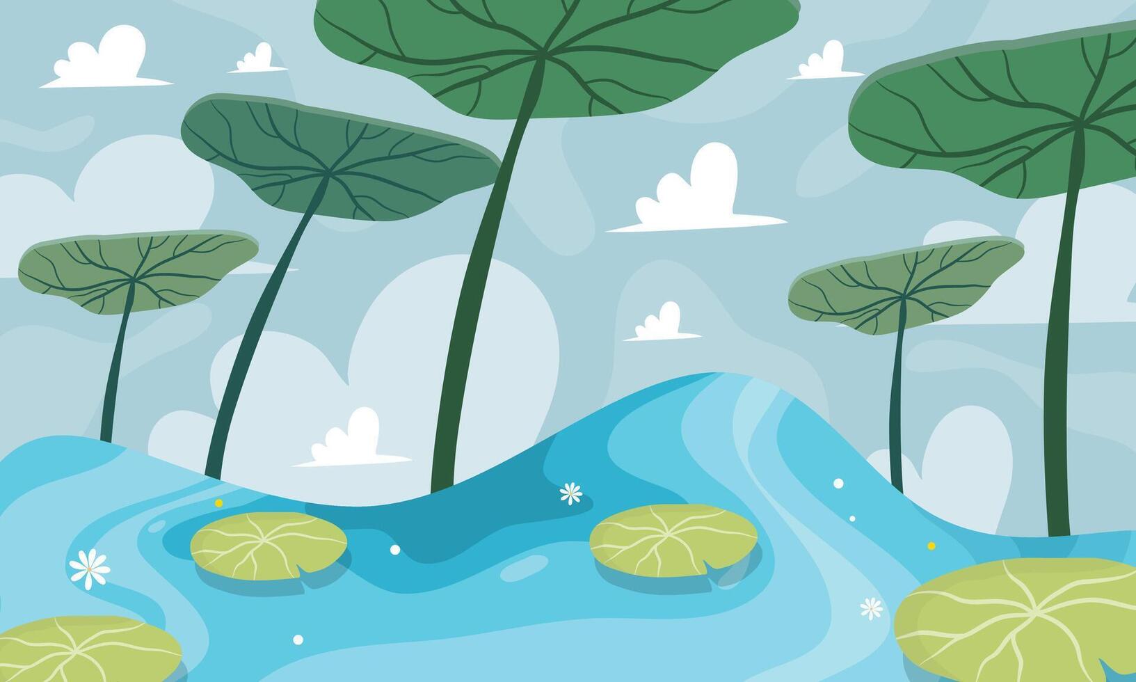 Water lily pond with trees and clouds vector