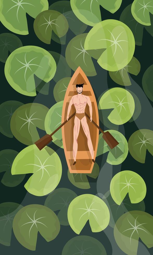 A man rowing a boat on a pond with lily pads vector