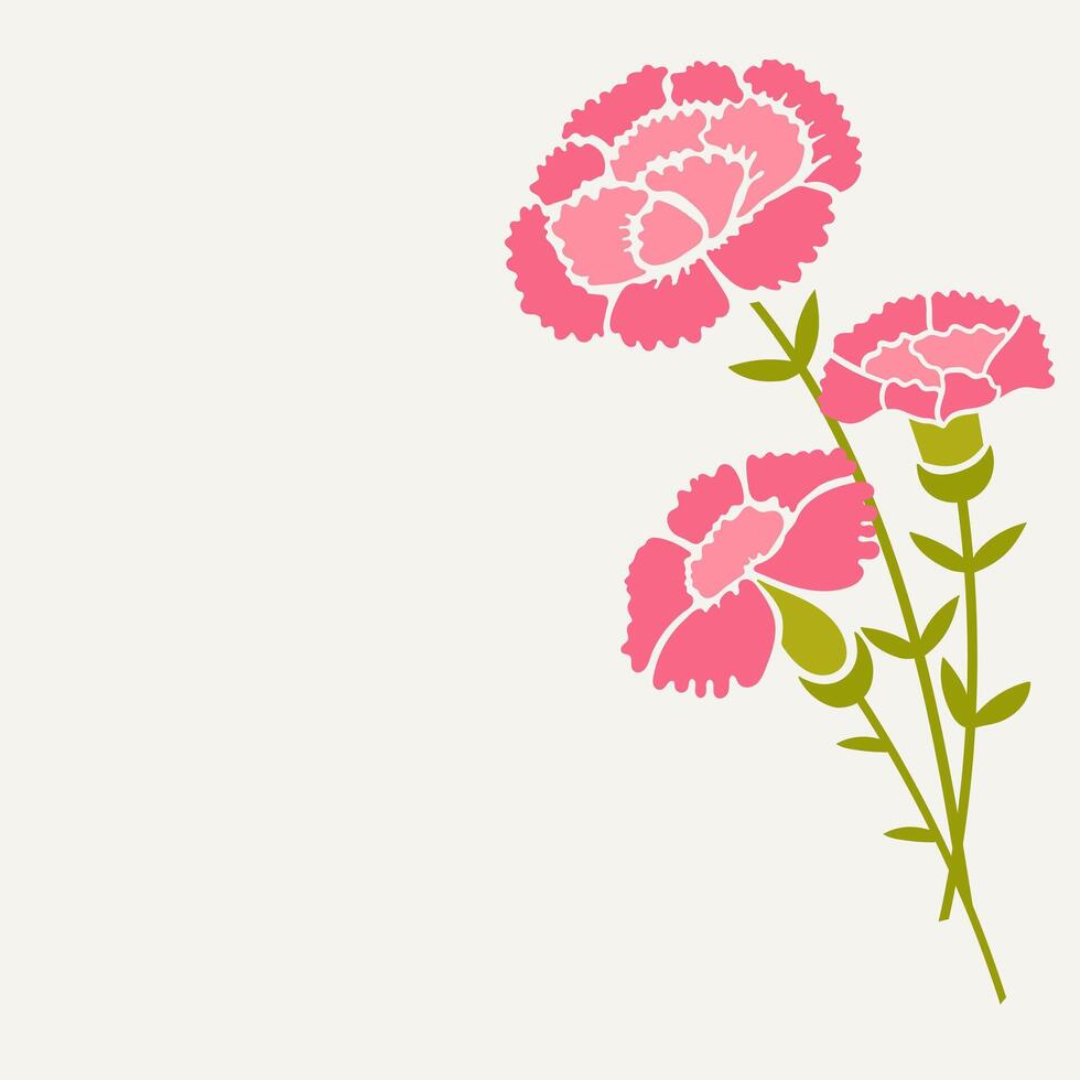 Illustration of pink carnations bouquet on a light background. Minimal floral design perfect for Mothers Day cards, greeting templates, spring celebration banners, and feminine prints. vector