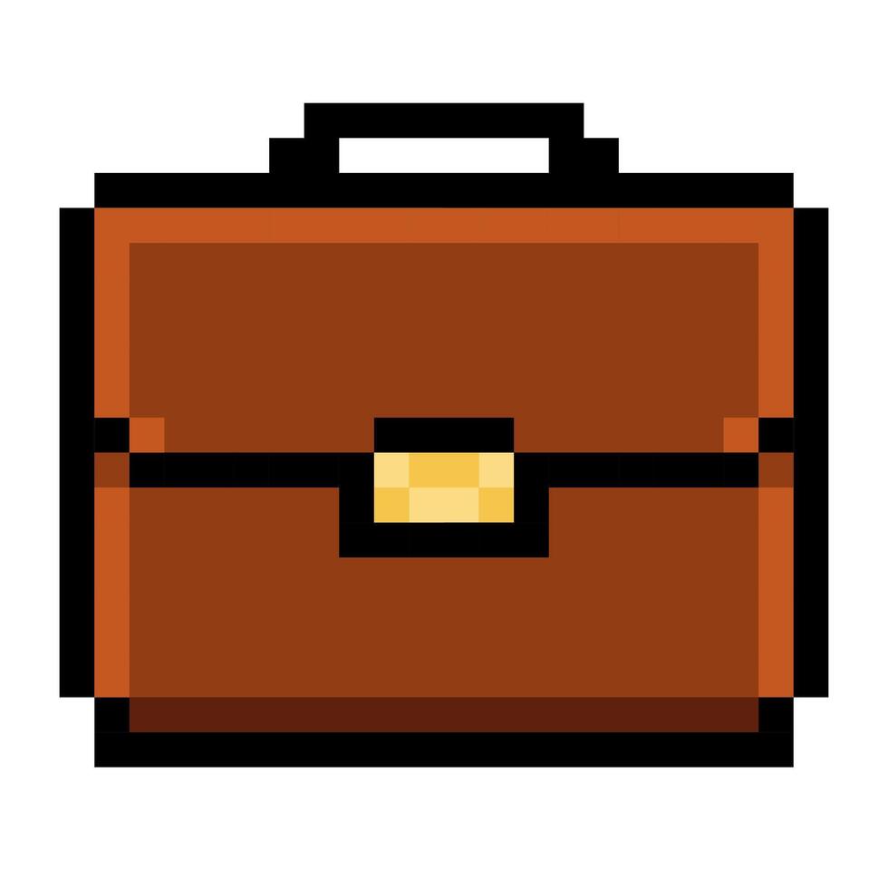 A pixel art style icon of a brown business briefcase with a black handle and a golden clasp. Perfect for retro games, mobile apps, websites, or presentation design. Isolated on white background. vector