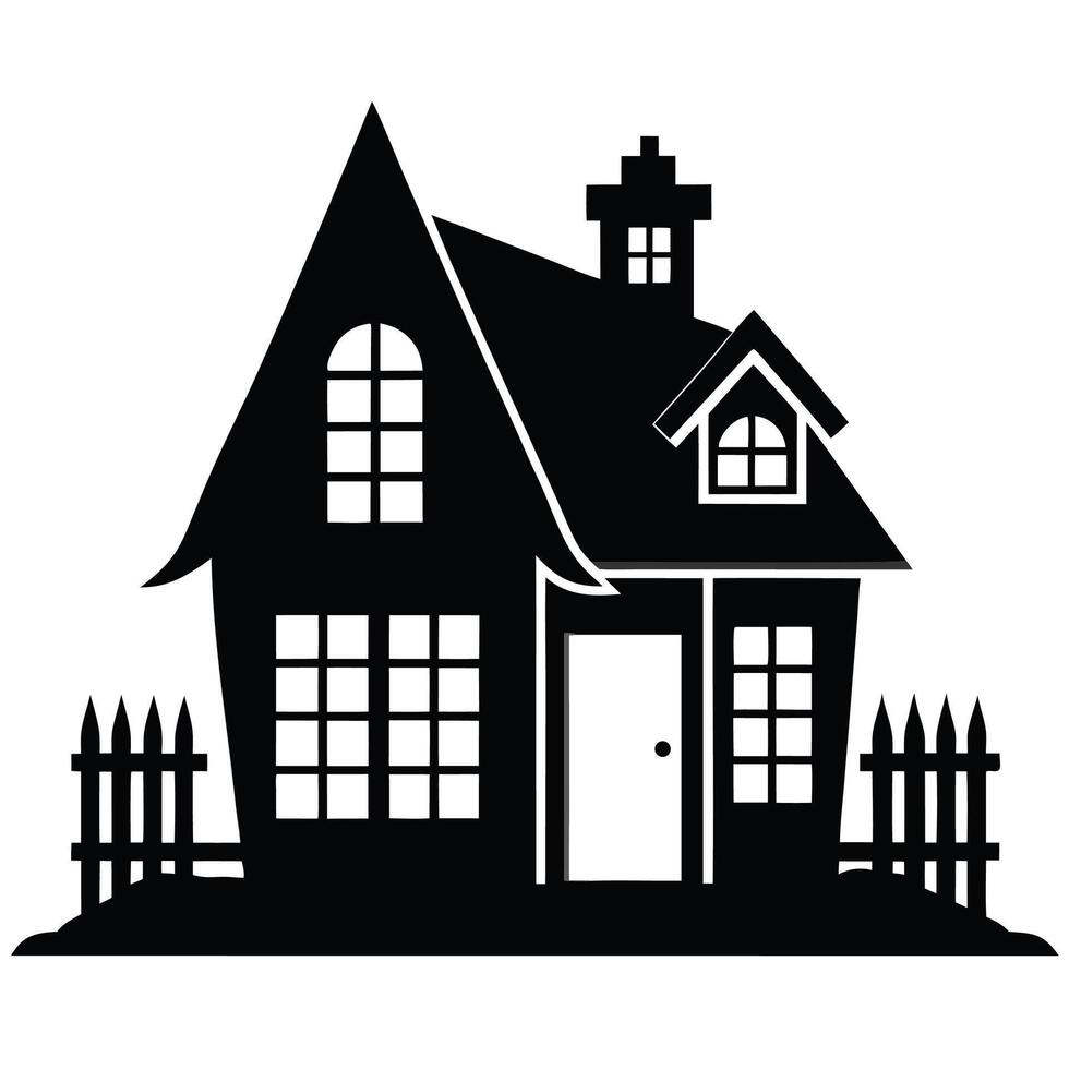 house a black and white silhouette of a house with a fence vector