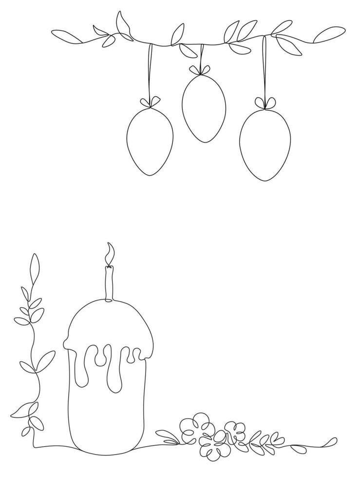 Simple one line drawing of traditional Easter cake with lit candle and eggs vector