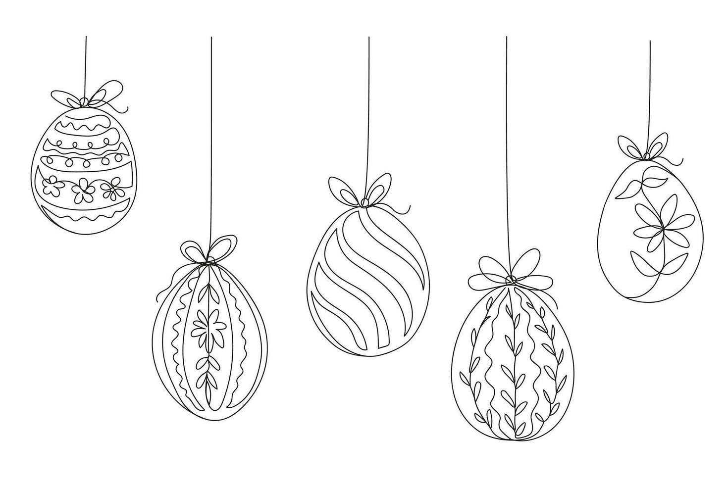 Easter eggs with ornaments hanging on threads. Hand-drawn doodle outline composition for banners, greeting cards, social networks template. vector