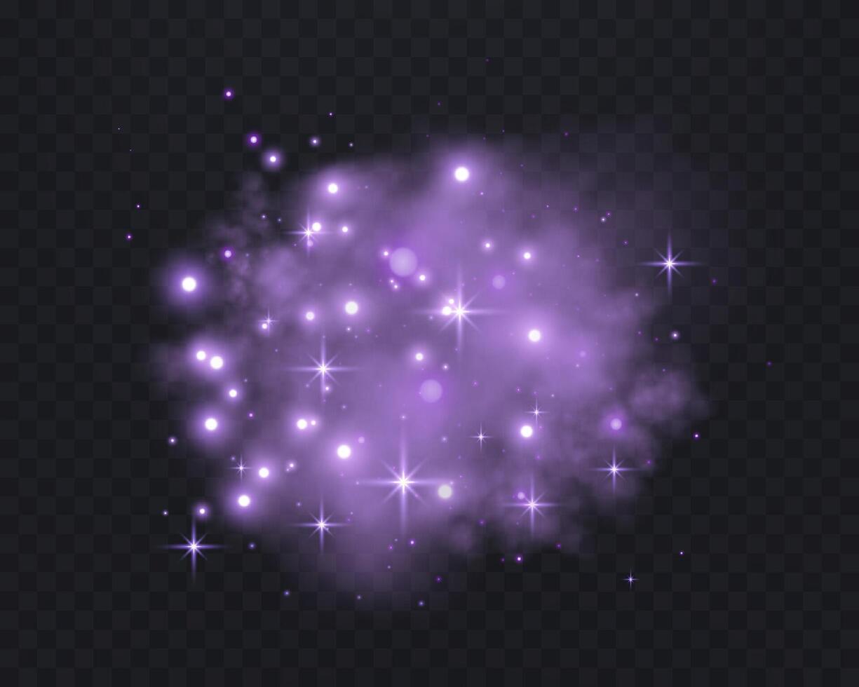 Purple glittering dots, particles, stars magic sparks. Dust cloud flare light effect. Red luminous points with smoke. particles on transparent background vector