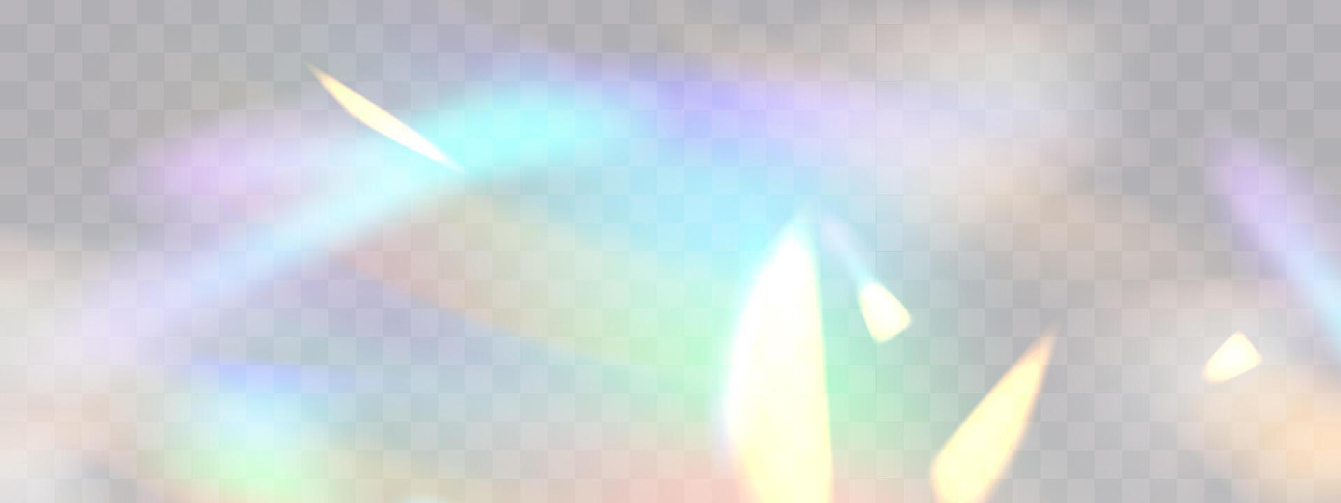 Blurred rainbow refraction overlay effect. Light lens prism effect. Holographic reflection, crystal flare leak overlay vector