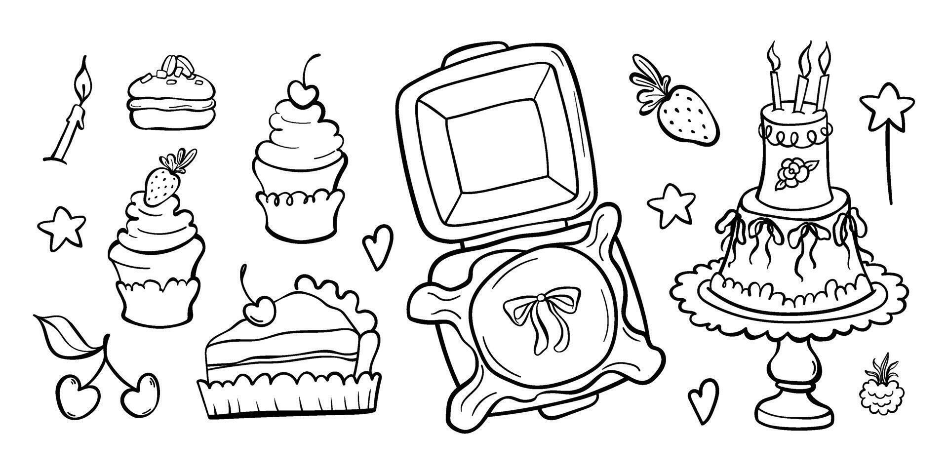 Birthday cakes doodle set. Collection of sweet holiday pastries. Cupcakes, macaroons, cakes and berries. Bento cake in box decorated with bow in coquette aesthetic style. outline illustration. vector
