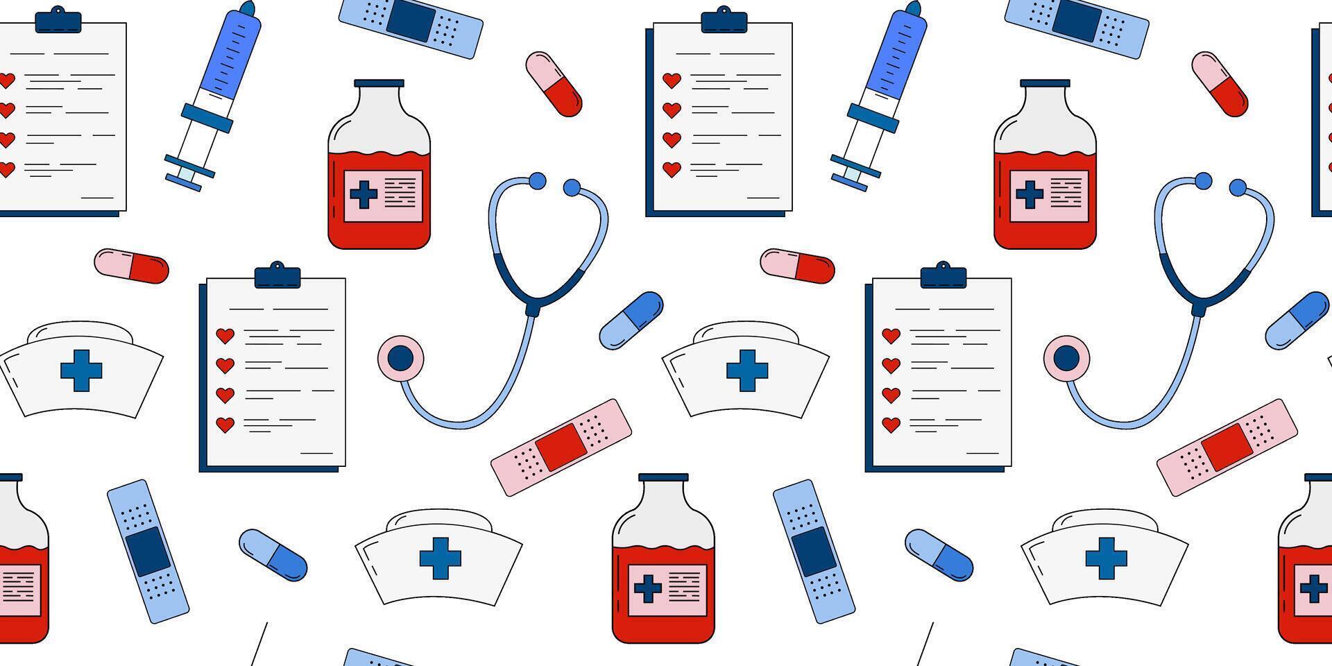 seamless medical pattern with nurse hat, stethoscope, syringe, bandage, pills and clipboard isolated background for international nurse or doctor day vector