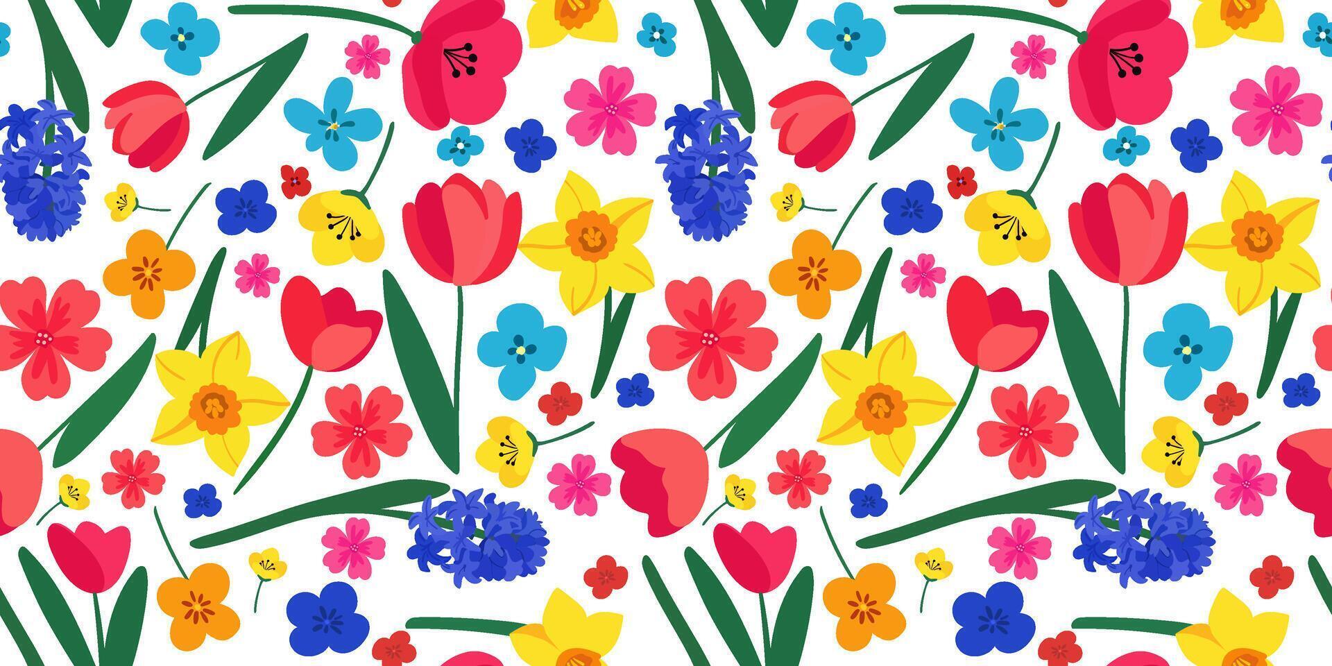 isolated bright floral background, seamless spring flowers pattern design with hyacinths tulips daffodils for textile wallpaper card design vector