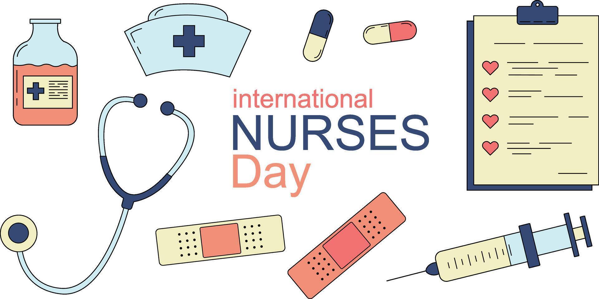 international nurses day greeting card with flat medical elements including syringe, pills, clipboard, nurse cap, stethoscope, bandages and medicine bottle vector