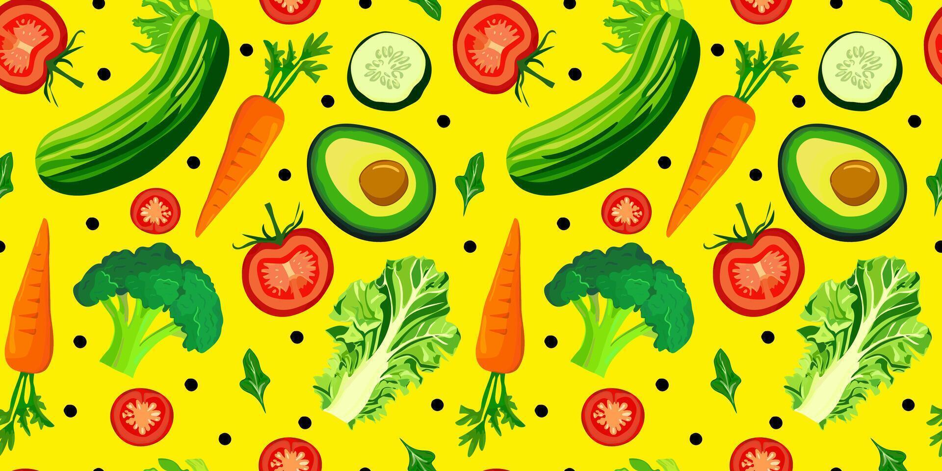 seamless vegetable pattern with avocado, tomatoes, cucumbers, carrots, polka dots on yellow background for menu design, food packaging and canning labels vector