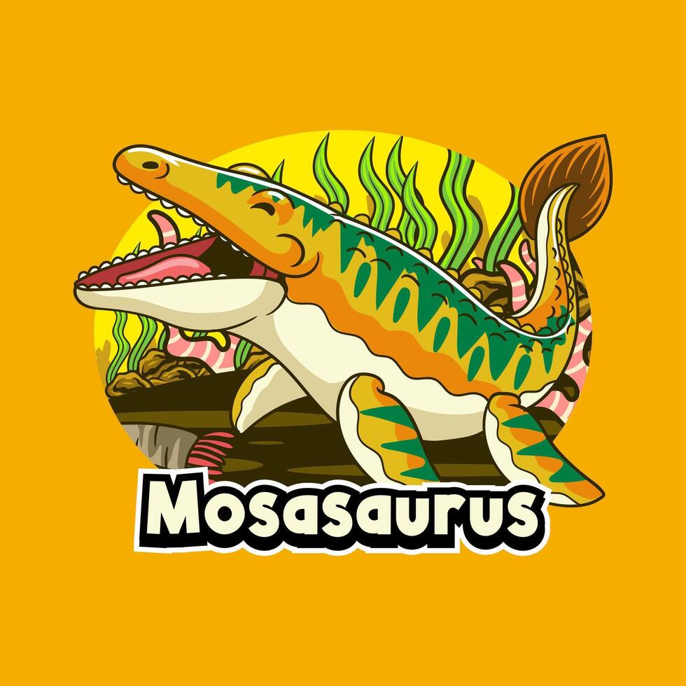 Mosasaurus Aquatic Dinosaur Character Mascot in Cartoon Illustration Design for kid, sticker, badge, patch, banner, greeting card vector