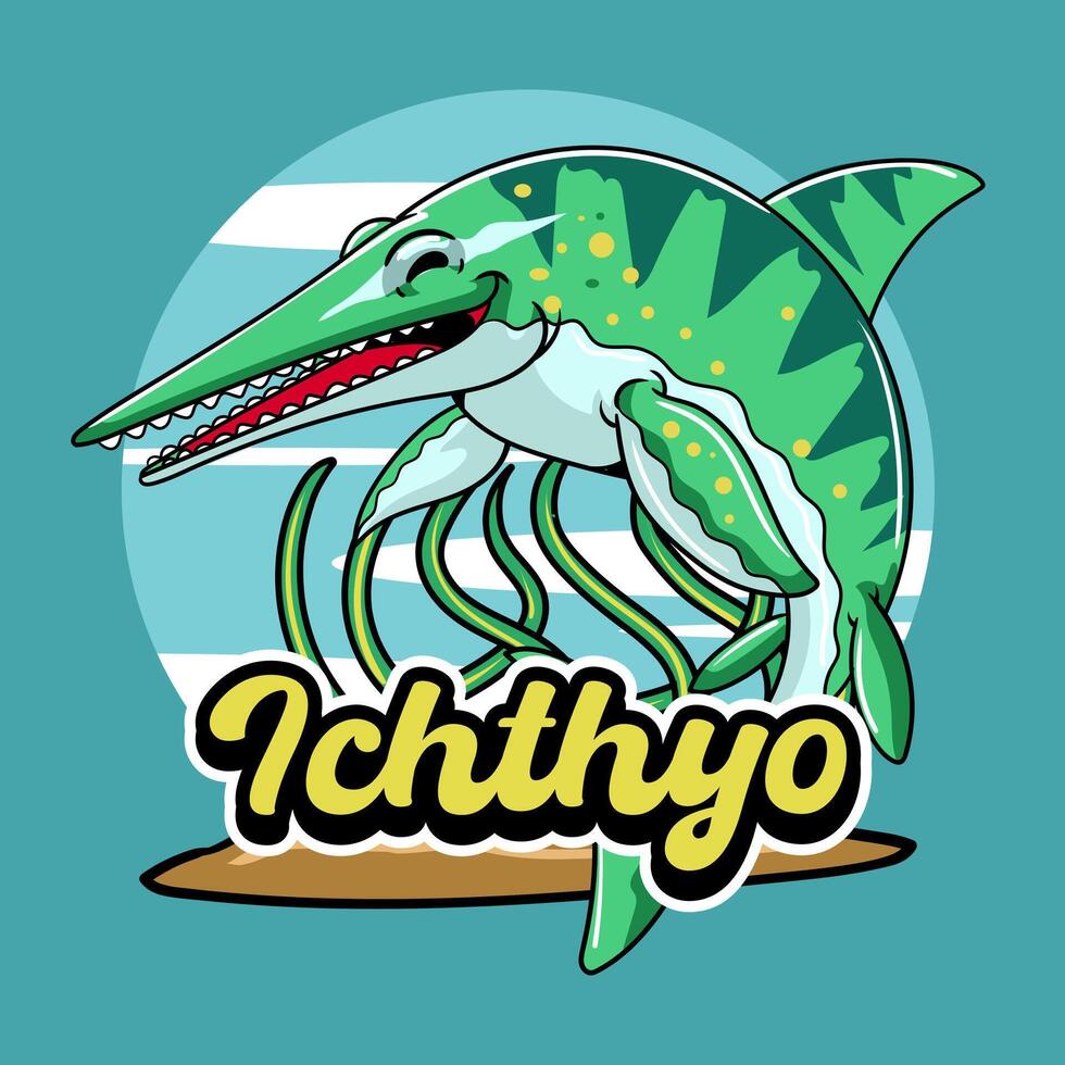 Cheerful illustration of a grinning marine reptile named Ichthyosaurus, swimming above the ocean floor with striped seaweed swirling behind. Designed in a cute, colorful style perfect for children vector