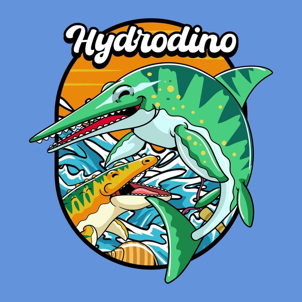 Cute ichthyosaurus and mosasaurus aquatic dinosaur reptile Character Mascot in Cartoon Illustration Design for kid, sticker, badge, patch, banner, greeting card, invitation vector
