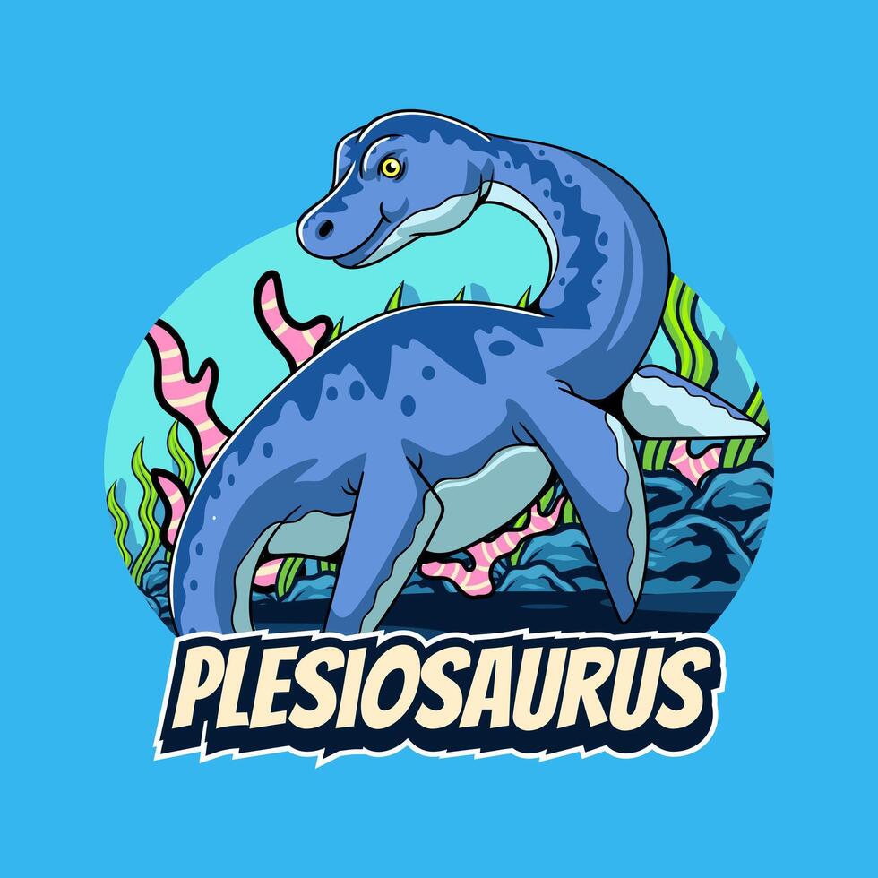 Cartoon illustration of a plesiosaurus swimming underwater with coral and sea plants fun and colorful prehistoric ocean animal design for kids and educational use vector