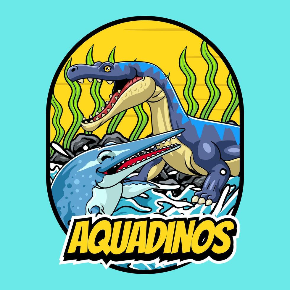 ichthyosaurus and nothosaurus aquatic dinosaur reptile Character Mascot in Cartoon Illustration Design for kid, sticker, badge, patch, banner, greeting card, invitation vector