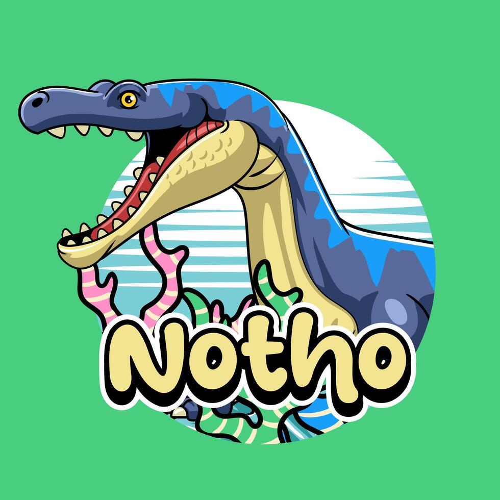 Cartoon illustration of Nothosaurus with an open mouth in a colorful underwater setting. A playful ancient marine reptile design perfect for kids education and prehistoric themes vector