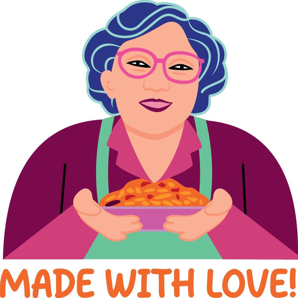 A flat style sticker showing a grandma cooking pie with love vector
