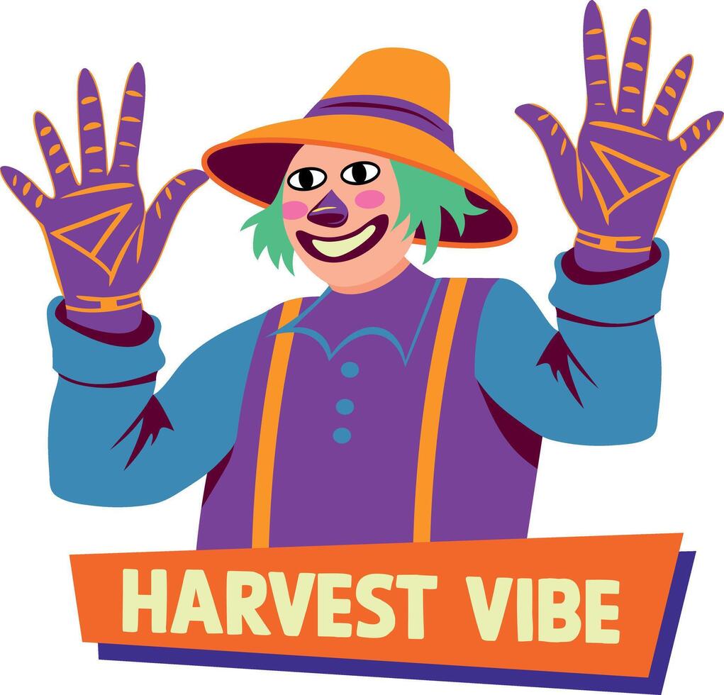 Flat sticker depicting a scarecrow with harvest vibe typography vector