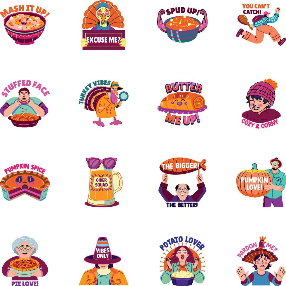 Collection of Linear Style Thanksgiving Stickers vector