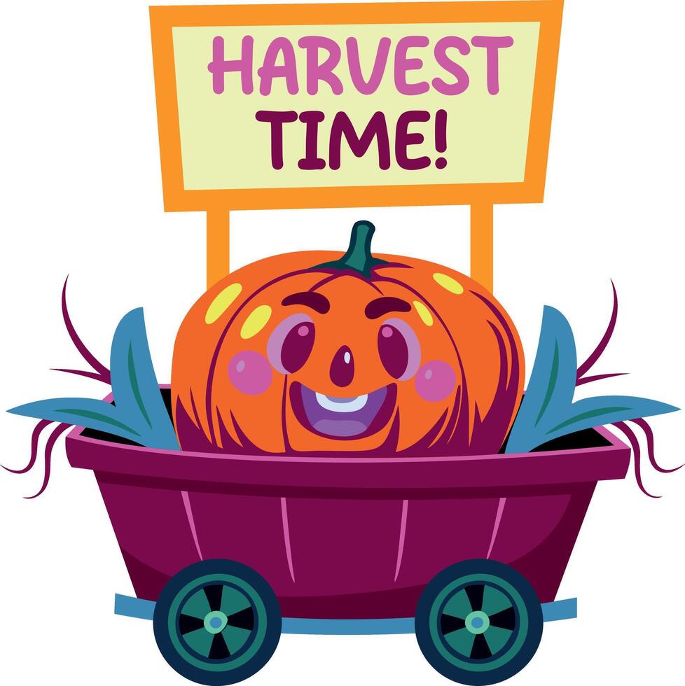 A flat sticker showing a pumpkin cart with harvest time typography vector